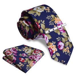 GUSLESON Fashion - Juego de corbata de algodón con estampado floral de 2.4 pulgadas (6 cm) + caja de regalo, Azul marino/rojo/marrón, Grande