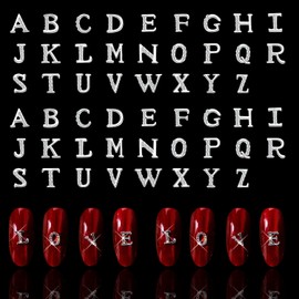 JERCLITY 52pcs 3D Metal Silver English Capital Letters Nail Charms Studs Alloy Rhinestone Nail Charms for Nails Silver Alphabet Stickers for Women Nail Art