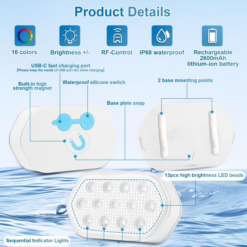 QOLNBY Pool Lights, Rechargeable Submersible LED Lights, Pool Lights for