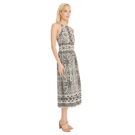 Donna Morgan Women's Printed Linen Rayon Midi Sleeveless High Neck Elegant A-Line Wedding Guest Dress, Black/Cream
