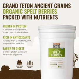 Grand Teton Ancient Grains - 100% Organic Spelt Berries, US-Grown Farro Organic Grain Spelt in 6 Gallon Super Pail for Long-Term Storage, 43 lbs