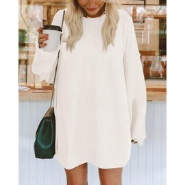 BTFBM 2024 Womens Sweaters Casual Crewneck Long Sleeve Oversized Sweater Dress Fall Winter Loose Slouchy Soft Pullover(Solid White, Medium)