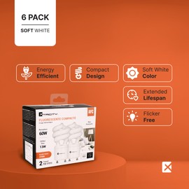 Xtricity Compact Fluorescent GU24 2 Prong Light Bulb Base, T2 Mini Spiral, 13W (60 Watt Equivalent), 2700k Soft White, 900 Lumens, CFL, 120V, UL Listed (4 Pack)