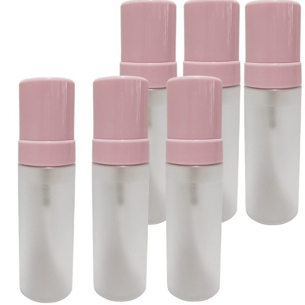 PimyRcyi Botellas de plástico transparente esmeriladas PET vacías de espuma rosa, paquete de 6 recipientes dispensadores de champú limpiador facial, empaque recargable, 4 onzas, 5 onzas (5 onzas/150 ml, bomba rosa)