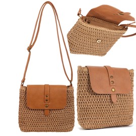 WXQCJL Straw Crossbody Bag for Women Boho Crochet Clutch Purse Beach Bag Handwoven Summer Purse Vacation Handbags with Card Slots & Zipper Security