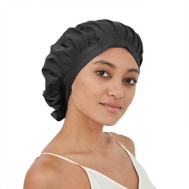 RachelSilk 30 Momme Silk Sleeping Bonnet for Women Night Cap Hair Wrap with Ribbon for Hair Care (Black)