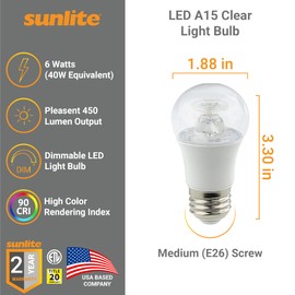 Sunlite 45162 LED A15 Appliance Clear Light Bulb, 6 Watts (40W Equivalent), 450 Lumens, Medium Base (E26), 90 CRI, Dimmable, ETL Listed, Ceiling Fan, Title-20 Compliant, 3000K Warm White, 6 Count