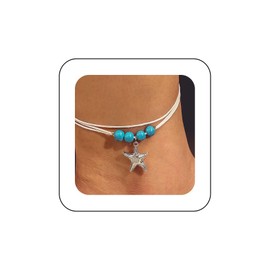 Iaceble Vintage Layered Starfish Anklet White Leather Anklet Bracelet Turquoise Bead Anklet Starfish Turquoise Anklet Adjustable Leather Rope Anklet Foot Chain Jewelry for Women
