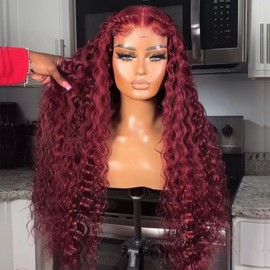 ANDRIA 13x4 HD Transparent Lace Front Wigs 26 Inch 99J Burgundy Deep Wave with Baby Hair Pre-Plucked Glueless 200% Density Natural Color Long Deep Curly Wigs For Black Woman