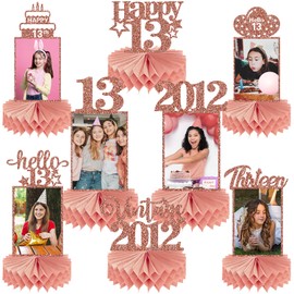 Guiruiy 8Pcs 13th Birthday Decorations Honeycomb Centerpieces for Girls, Pink Rose Gold Glitter Happy 13 Birthday Photo Table Centerpieces Party Supplies, Pink Thirteen Birthday Teenager Decor