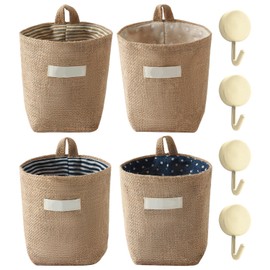 USHXVG 4 Pieces Mini Burlap Bags, 4 Pieces Hooks, Storage Wall Hanging Bag, Door Storage Bag, Bedside Storage Pocket, Foldable Storage Basket