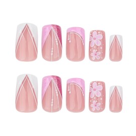 French Tip Press on Nails Short Square Fake Nails 3D Pink Flowers Acrylic Nails Spring Floral False Nails Glossy Line Artificial Nails Full Cover Glue on Nails for Women Girls 24Pcs