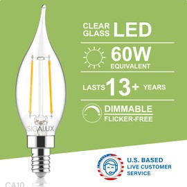 Sigalux E12 LED Bulb Candelabra Base 60 watt LED Chandelier Light Bulbs Dimmable, Flame Tip Candelabra LED Bulbs, 4.5W, 500LM 5000K Daylight, CA10 Candle Light Bulbs, 24 Packs