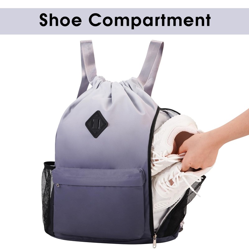 WANDF Drawstring Backpack Sports Gym Bag with Shoes Compartment, Water-Resistant