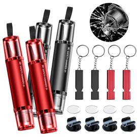 VEGCOO 2-in-1 Car Emergency Hammer with Belt Cutter, 4 Pieces Safety Hammer with Belt Cutter, with 4 Test Glasses and Safety Whistle, Glass Breaker for Cars and Buses