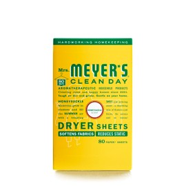 MRS. MEYER'S CLEAN DAY Dryer Sheets, Fabric Softener, Reduces Static, Infused with Essential Oils, Honeysuckle, 80 Count