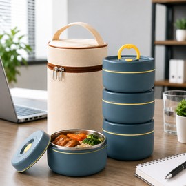 Insulated Lunch Container Set for Adults and Kids - Portable Thermal Lunch Box with 3 Stackable Food Containers Blue