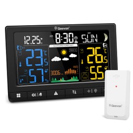 Geevon Wetterstation Funk mit Außensensor, DCF-Funkuhr, Großes LCD-Farbdisplay, 350° Ablesewinkel für Innen und Außentemperatur, Luftfeuchtigkeit, barometrischer, Mondphase, Wettervorhersage