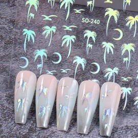 4 Sheets Coconut Tree Nail Art Stickers 3D Self-Adhesive Summer Nail Decal Gold Black Blue and Laser Silver Gradient Design Seagulls Nail Stickers Nail Decoration Nail Art Supplies for Women