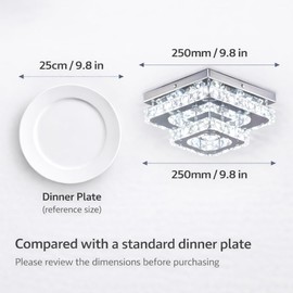Finktonglan 9.8" Square Crystal Flush Mount LED Ceiling Light, 3-Color White 3000–6500K, K9 Crystal Mirror Base, Switch-Control, Non-Dimmable, 85–260V