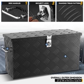 Auto Dynasty Aluminum Tool Boxes Truck Bed Organizer with Fixed Side Handles, 27.2'' W x 9.4''D x 12.6" H, Powdercoated Black Aluminum & Steel