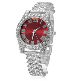 Halukakah Diamonds Gold Watch Iced Out, Kid's Platinum White Gold Plated 36MM Width Red Dial Quartz Wristband 8", Free Giftbox