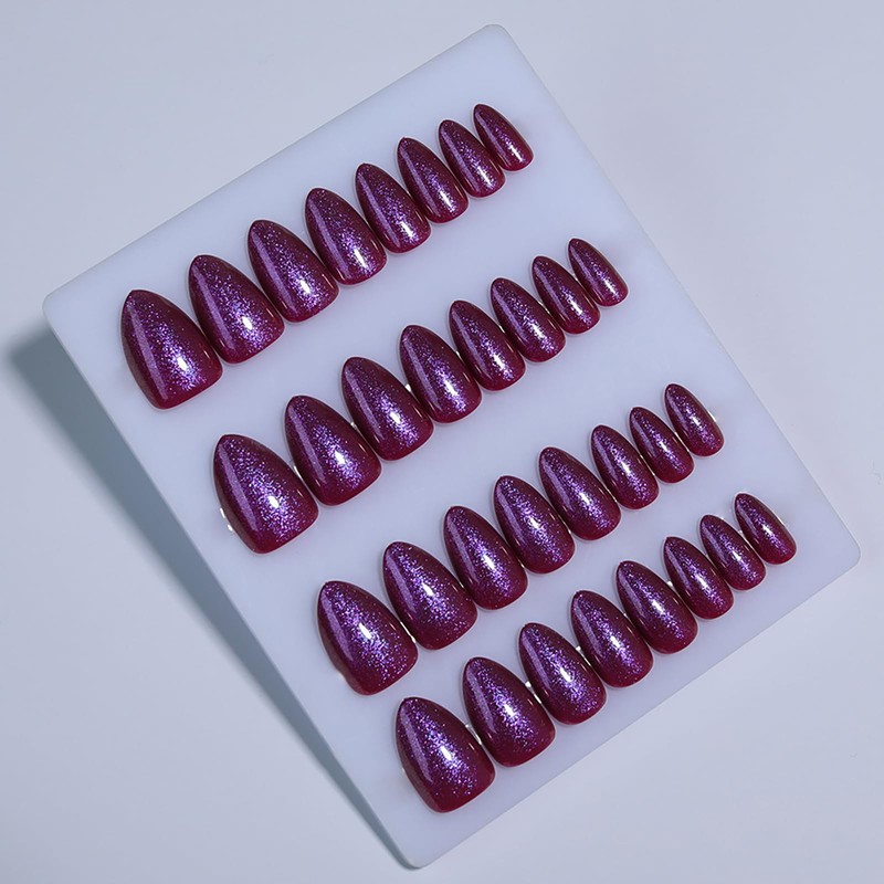 Handmade Press on Nails-Plum Purple Cat Eye Medium Almond Fake