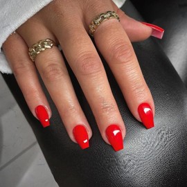 SXVME Light Red False Nails Coffin, Medium Short Press on Nails Coffin, Red Glue on Nails Gel Fake Nails for Women, Short Ballerina Acrylic Nails for Daily Wear 24 Pcs