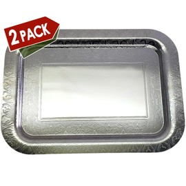 Maro Megastore (Pack of 2) 17.1 inch x 12.4 inch Oblong Chrome Plated Serving Tray Stylish Design Floral Engraved Edge Decorative Party Wedding Dessert Buffet Décor Wine Platter Plate NC-039