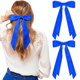 2PCS Silky Satin Hair Bows Hair Clip Blue Hair Ribbon Ponytail Holder Accessories Slides Metal Clips Hair Bow for Women Girls Toddlers Teens Kids