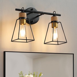 HENCENVV 2-Light Bathroom Light Fixture Over Mirror Matte Black Farmhouse Vanity Light for Bathroom Rope Wrapped Rustic Industrial Vanity Lighting Fixture with Metal Lampshade for Hallway Porch