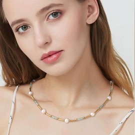 Frigotine Gold Aventurine Pearl Bead Choker Necklace for Women, Boho Trendy Statement Gold Ball Green Beaded Chain Prom Jewelry Gift
