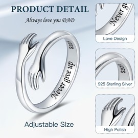 LOVECOM S925 Sterling Silver Hug Rings for Women Adjustable Hugging Hands Open Ring for Men Promise Rings Jewelry Birthday Mothers Day Gifts for Dad Mom Wife Daughters Grandma Best Friend (Never give up, US Size 7)