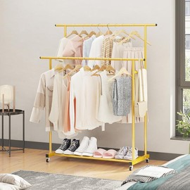 UDEAR Double Rod Clothing Garment Rack,Rolling Hangable Clothes Rack,Portable Clothes Organizer for Bedroom,Living Room,Clothing Store:_Gold
