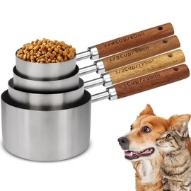 Dexspoeny 4 Packs Dog Food Scoop Measuring Cup with Wooden Handle, Stainless Steel Pet Food Scoop Dog Food Measuring Cup for Dogs Cats Birds and Rabbits, 1 Cup, 1/2 Cup, 1/3 Cup and 1/4 Cup 4 Packs