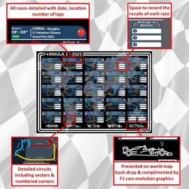 Pick A Lane Formula 1 Racing Schedule 2025 Wallchart (A2 Poster 42cm x 59.4cm) with details of all F1 races in the 2025 season calendar