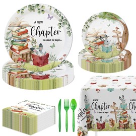 MEHOFOND 145 PCS Book Themed Disposable Paper Plates Set A New Chapter is About to Begin Baby Shower Tableware Decor Storybook Library Reading Book Club Party Decorations, Serves 24