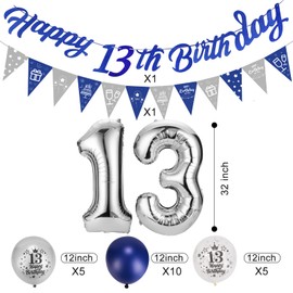 Afirbeone 13th Birthday Decorations for Boys Girls Navy Blue and Silver, Happy 13th Birthday Banner, Triangle Flag Banner, Confetti Latex Balloons and Aluminum Foil Balloons, for Birthday Party