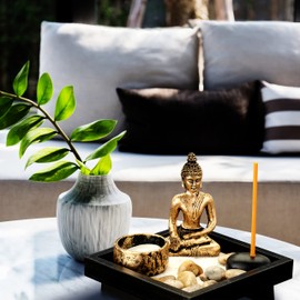 Relaxdays Zen Garden, with Buddha, Stones, Sand, Incense Sticks & Tea Light Holder, Relaxation, Feng Shui Decoration, Black, A