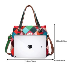 Segater® Women Multicolor Tote Bag Genuine Leather Colorful Square Stitching Handbag Purse Ladies Bohemian Design Handbag Vintage Patchwork Crossbody Bags (Multicoloured)
