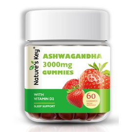 Nature's Key Ashwagandha Gummies, 3000mg High Potency Ashwagandha Root Extract with Vitamin D2, Stress, Calm Mood & Cognition, for Men & Women, Strawberry Flavor (60 Count (Pack of 1)