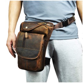 Le'aokuu 3112 Men's Genuine Leather Bag Leg Bag Drop Leg Thigh Bag Casual Outdoor Bag Messenger Bag, A brown