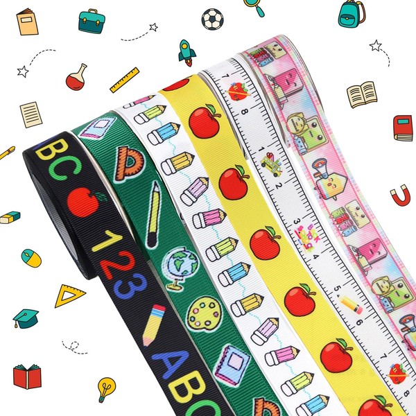 6 Rolls Back to School Ribbons, Ruler Pencil Apple Backpack