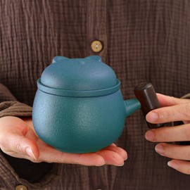 fanquare Portable Ceramic Tea Cup 8.8oz Bear Lid Tea Bowl with Wood Handle, Infuser, Tea Strainer and Portable Bag for Outdoor Use, Mini Tea Set, Green
