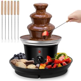 Outamateur 16-Ounce Chocolate Fondue Fountain,3-Tier MINI Chocolate Fountain,Electric Melting Machine with 6PCS Fondue Fork,Hot Chocolate Fondue With Removal Fruits/Nuts/Treats Serving Tray,for BBQ Sauce,Ranch,Nacho Cheese,Liqueurs (Black)