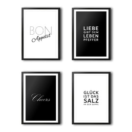 VON STEINEICH® Kitchen Picture Set [4 Pieces] - Tasteful Decorative Pictures in Black & White - Perfect Fit for DIN A4 Picture Frames