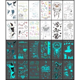 12 Sheets Glow in the Dark Tattoo Stickers Waterproof - Temporary Tattoos - Dreamcatcher Music Symbols Rabbit Snake - Makeup Body Art Tattoo Sticker Pack for Adults Kids - 10.5x6CM - SteadyINK®