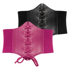 GRACE KARIN 2 Piece Women Tied Waspie Belt Lace-up Cinch Belt Corset Elastic Waist Belt(S, Black + Hot Pink)