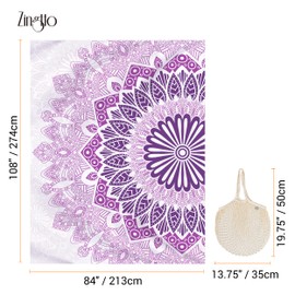 Zingtto Silky Soft 108"x84" Sand Proof Beach Blanket Sand Proof Mat with Corner Pockets and Fashion Mesh Bag for Beach Party, Travel, Camping and Outdoor Music Festival, Boho Lilac Mandala