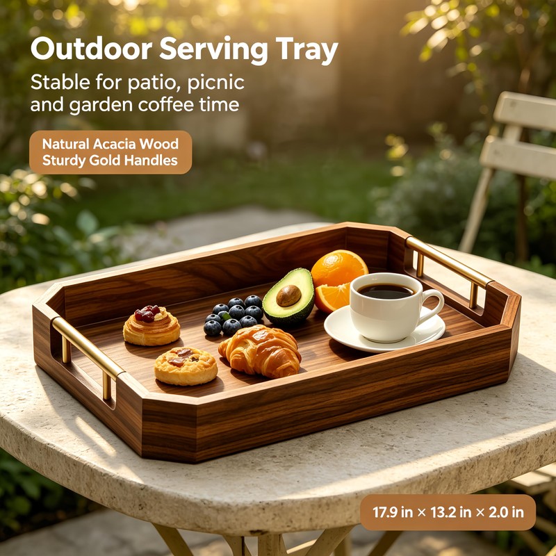 Wooden Serving Tray with Metal Handles, Acacia Wood Rectangular Decorative